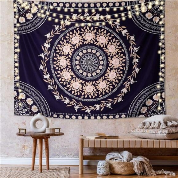 Boho Mandala Tapestry Wall Hanging Floral Pink Rose Hippie Room Decor - Picture 2 of 8
